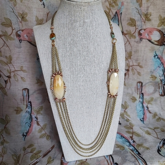 Rachel Reinhardt Extra Long Quadruple Strand Gold Tone Glass Stone Necklace EUC - Picture 1 of 11